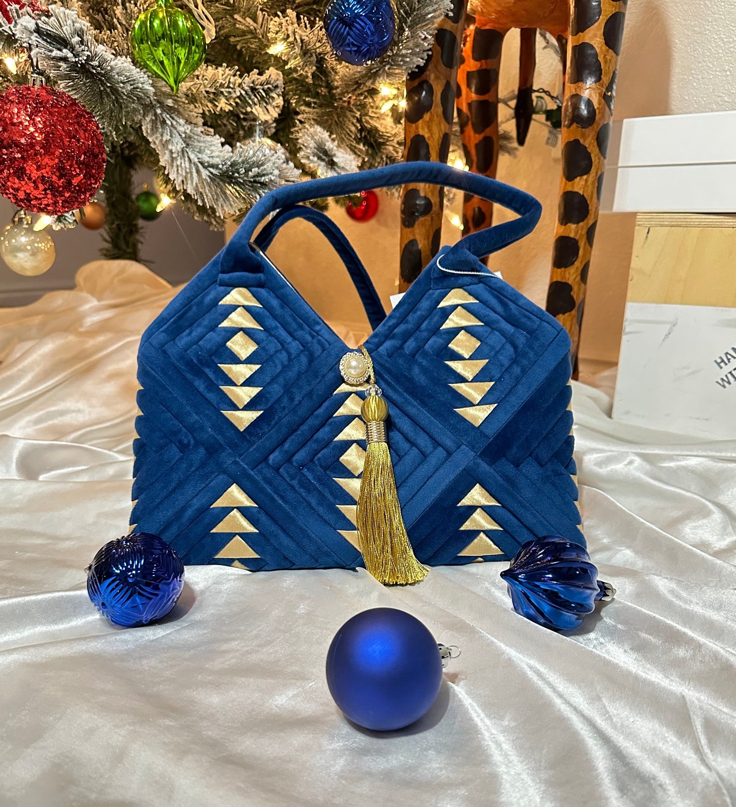 "Amora" handmade patchwork  handbag in Royal blue Sapphire  velvet