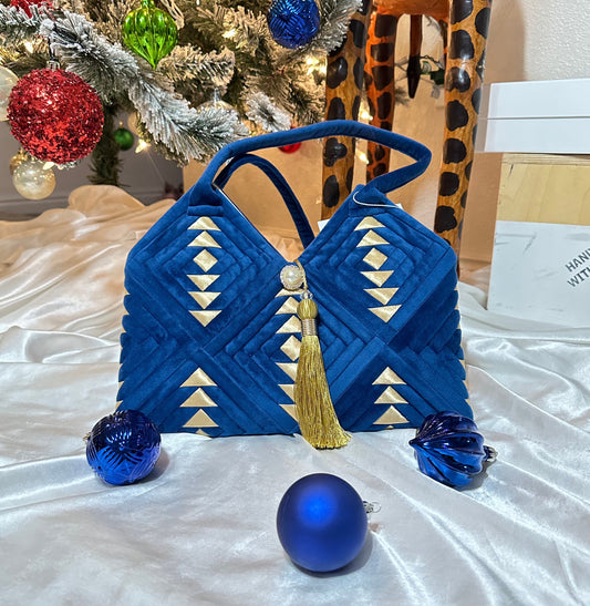 "Amora" handmade patchwork  handbag in Royal blue Sapphire  velvet