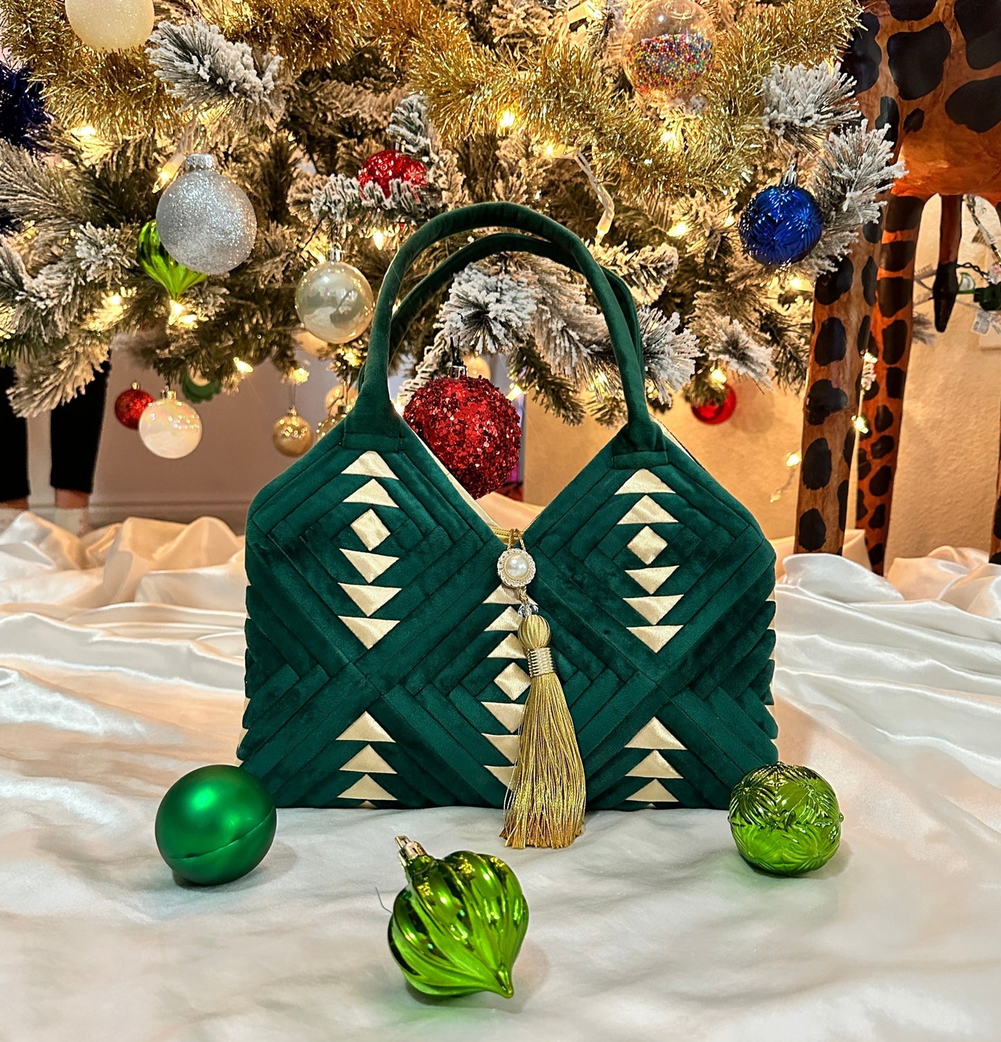 "Amora" handmade patchwork  handbag in Royal Emerald Green velvet