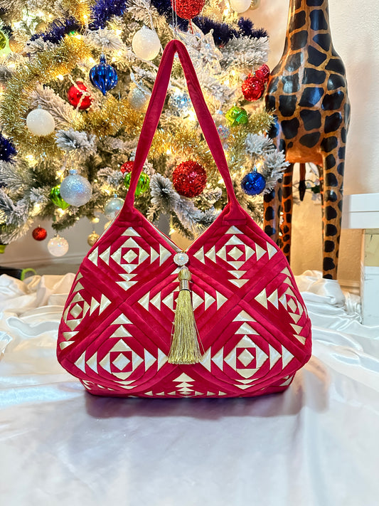 "Amouage"  handmade patchwork  Large handbag in Ruby red velvet