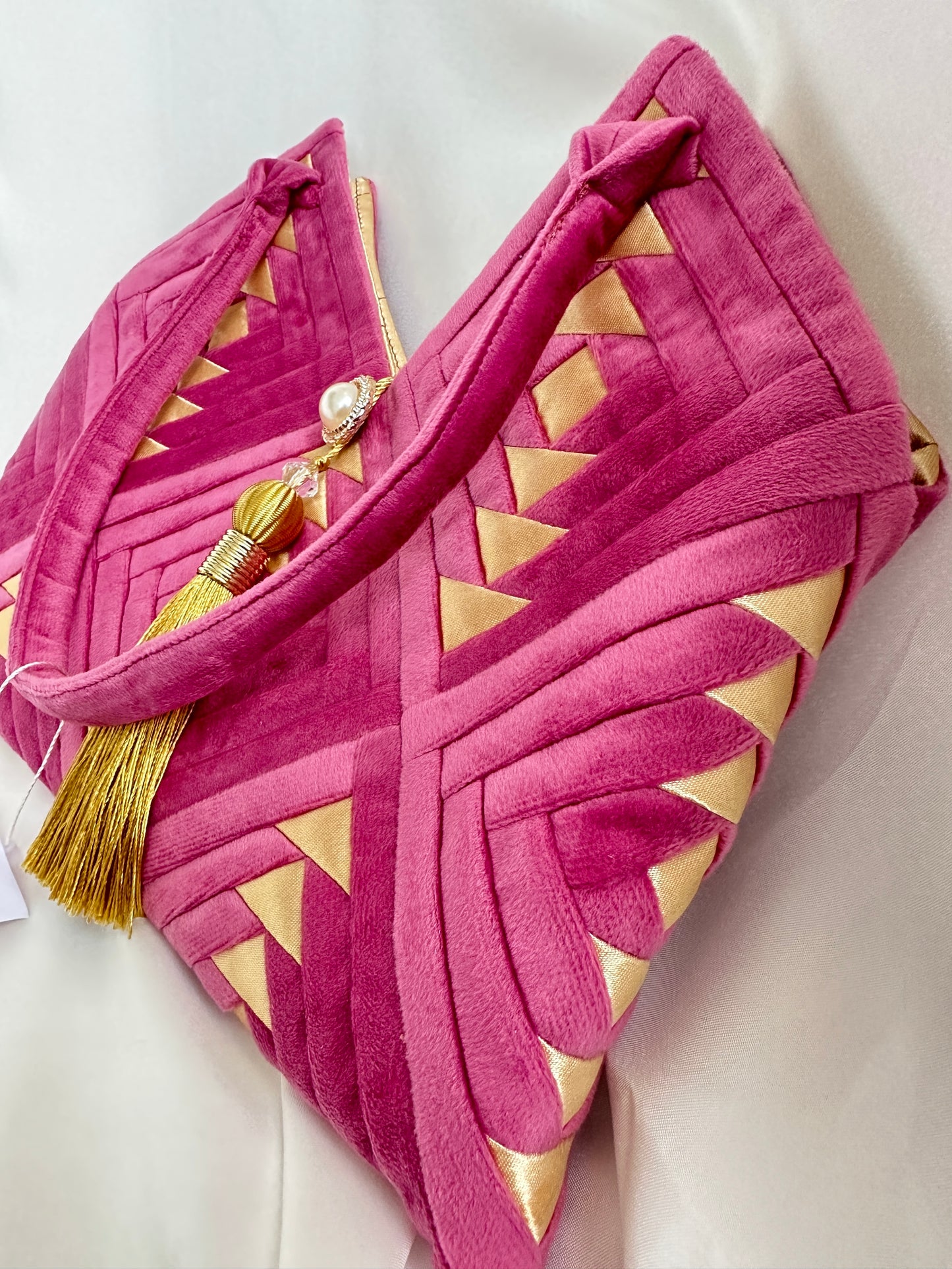 side close up view ,every piece of this purse was hand cutted ,measured and sewedblush pink turkish velvet handbag, shoulder bag for womens, ladies mini purse, with golden details like triangles and tassel.