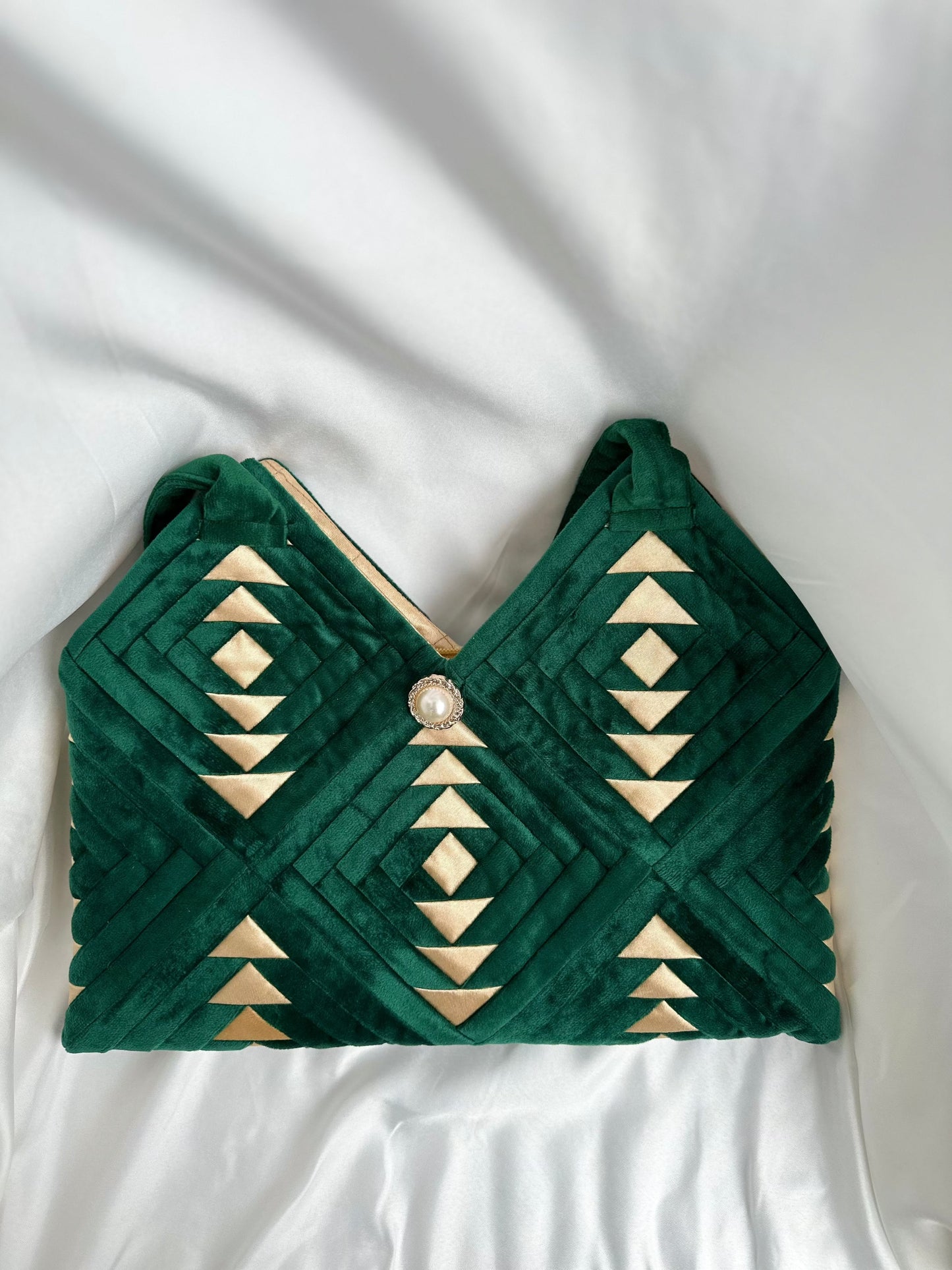 "Amora" handmade patchwork  handbag in Royal Emerald Green velvet