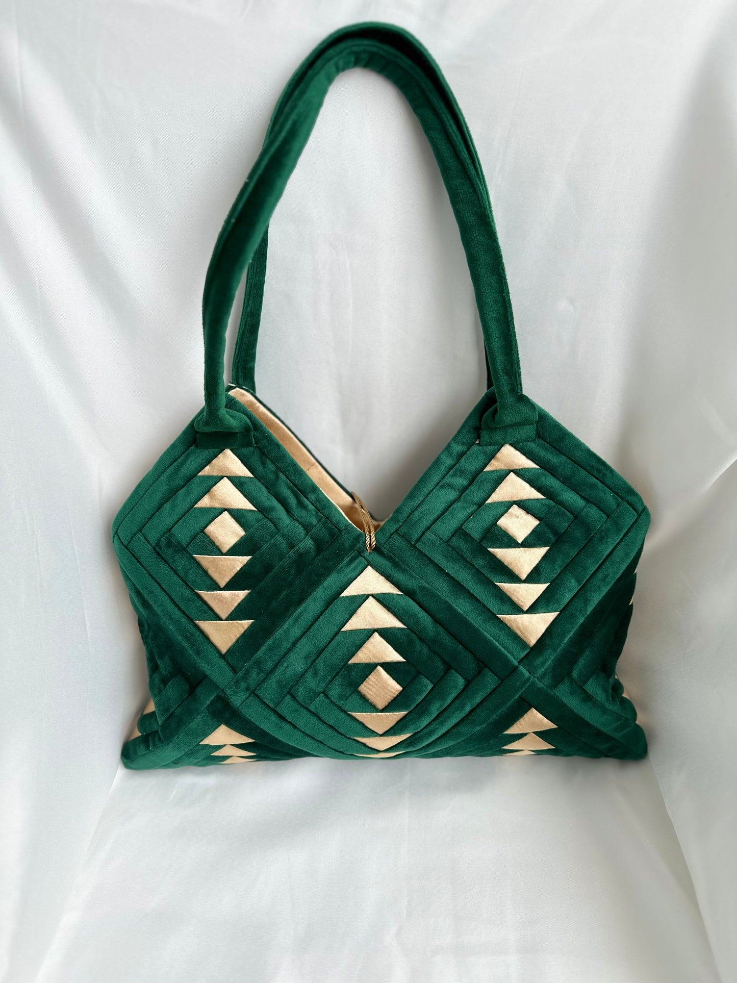 "Amora" handmade patchwork  handbag in Royal Emerald Green velvet