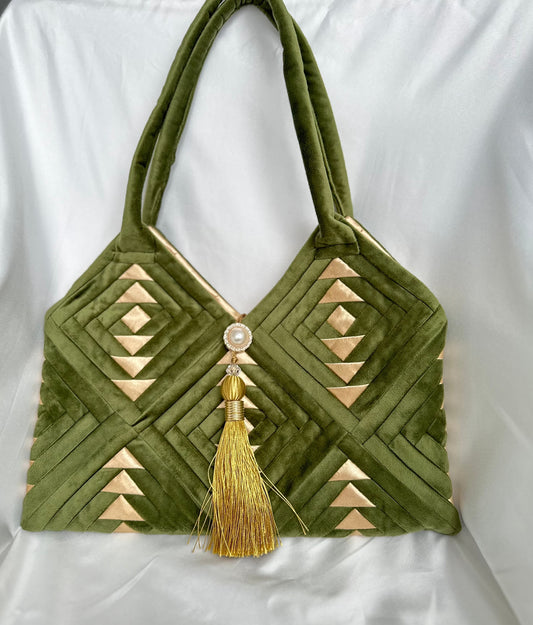 "Amora" handmade patchwork  handbag in  Jade Khaki green velvet