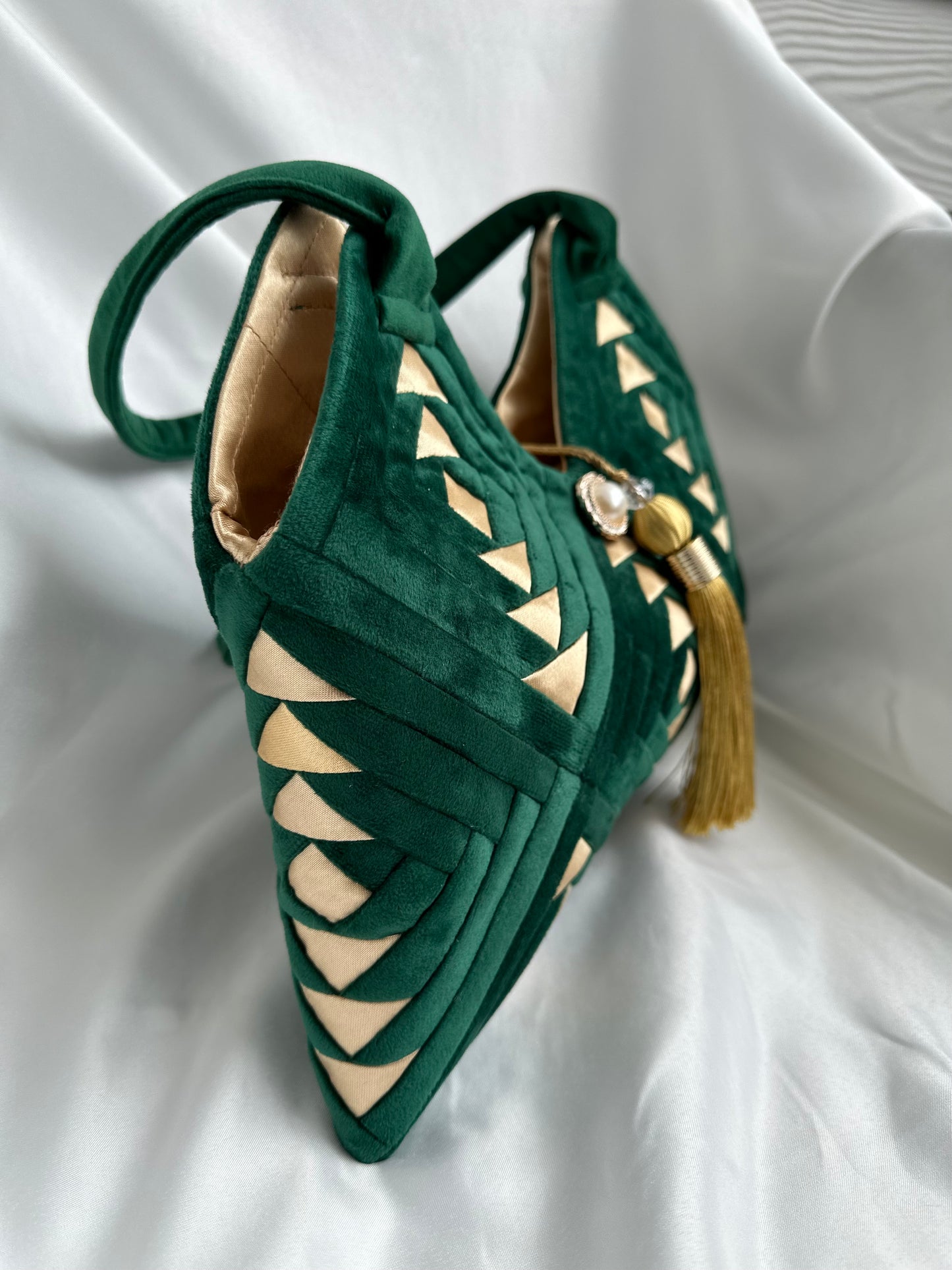 "Amora" handmade patchwork  handbag in Royal Emerald Green velvet