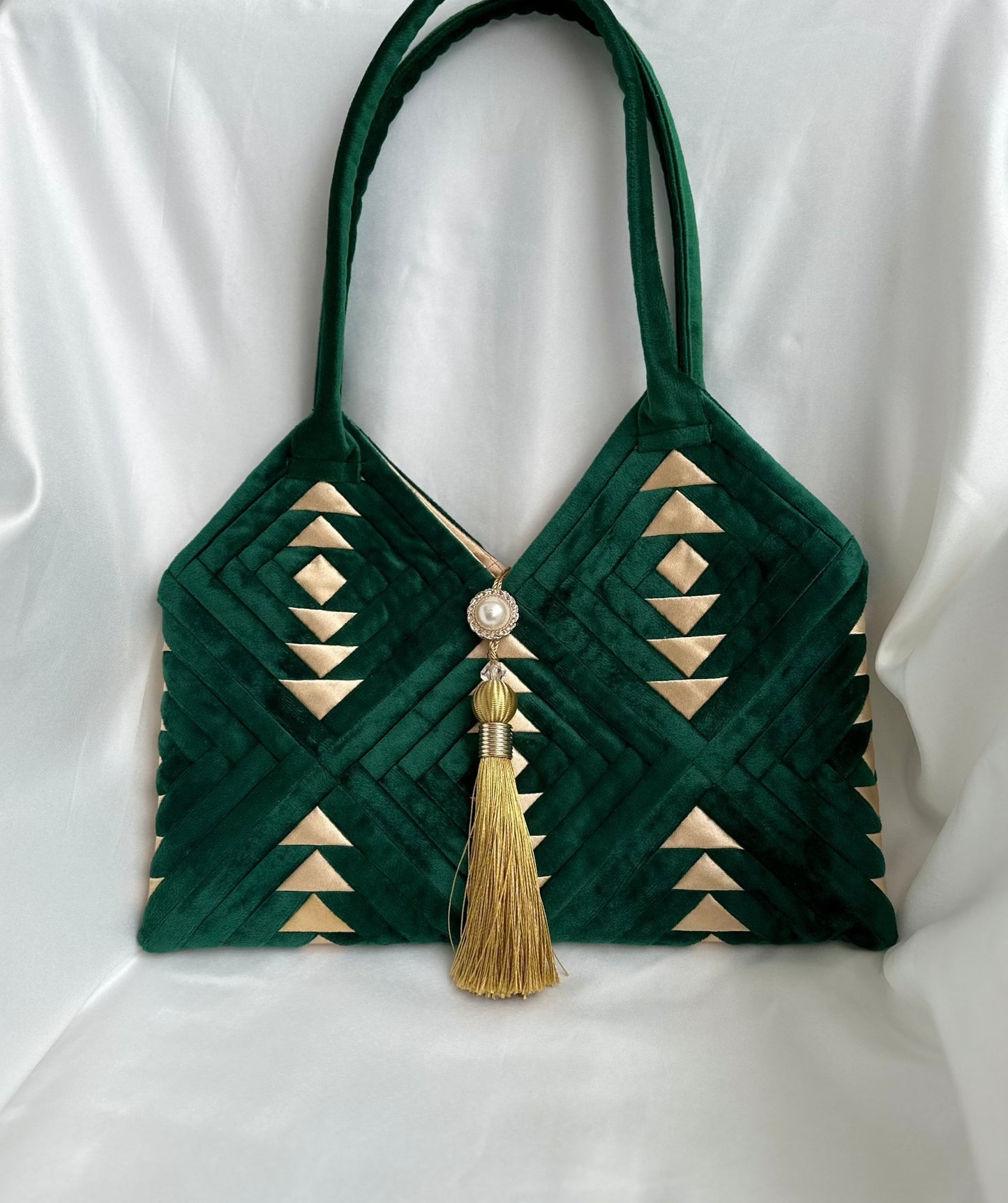 "Amora" handmade patchwork  handbag in Royal Emerald Green velvet