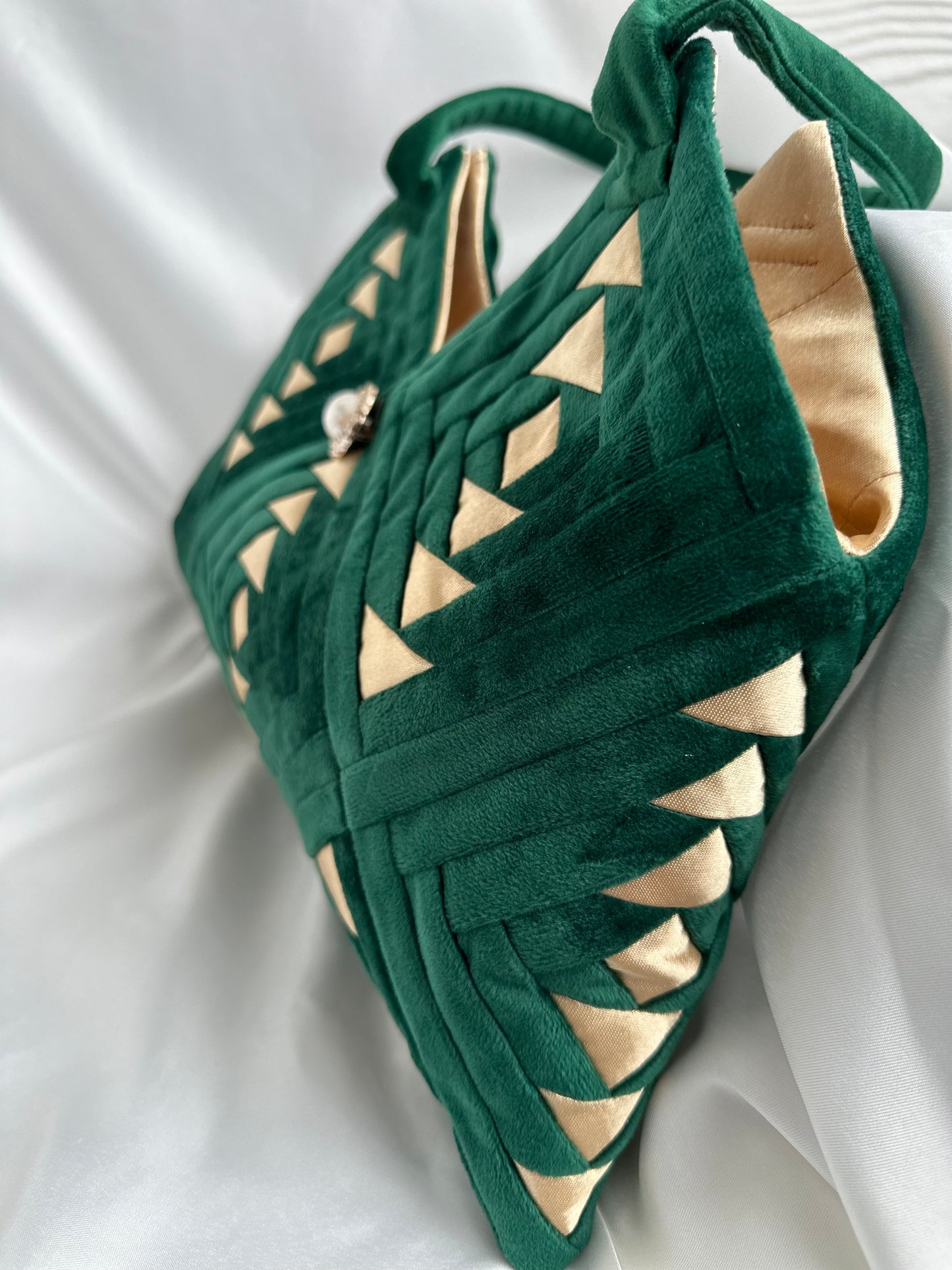 "Amora" handmade patchwork  handbag in Royal Emerald Green velvet