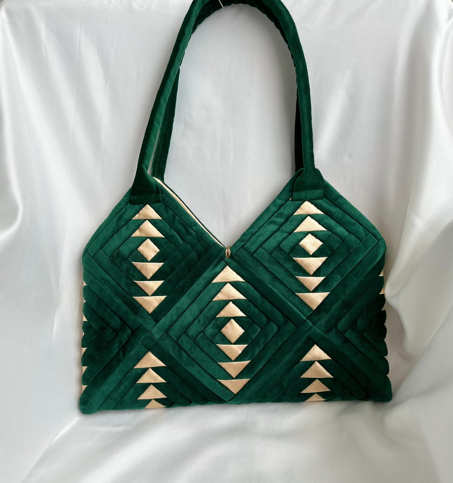 "Amora" handmade patchwork  handbag in Royal Emerald Green velvet